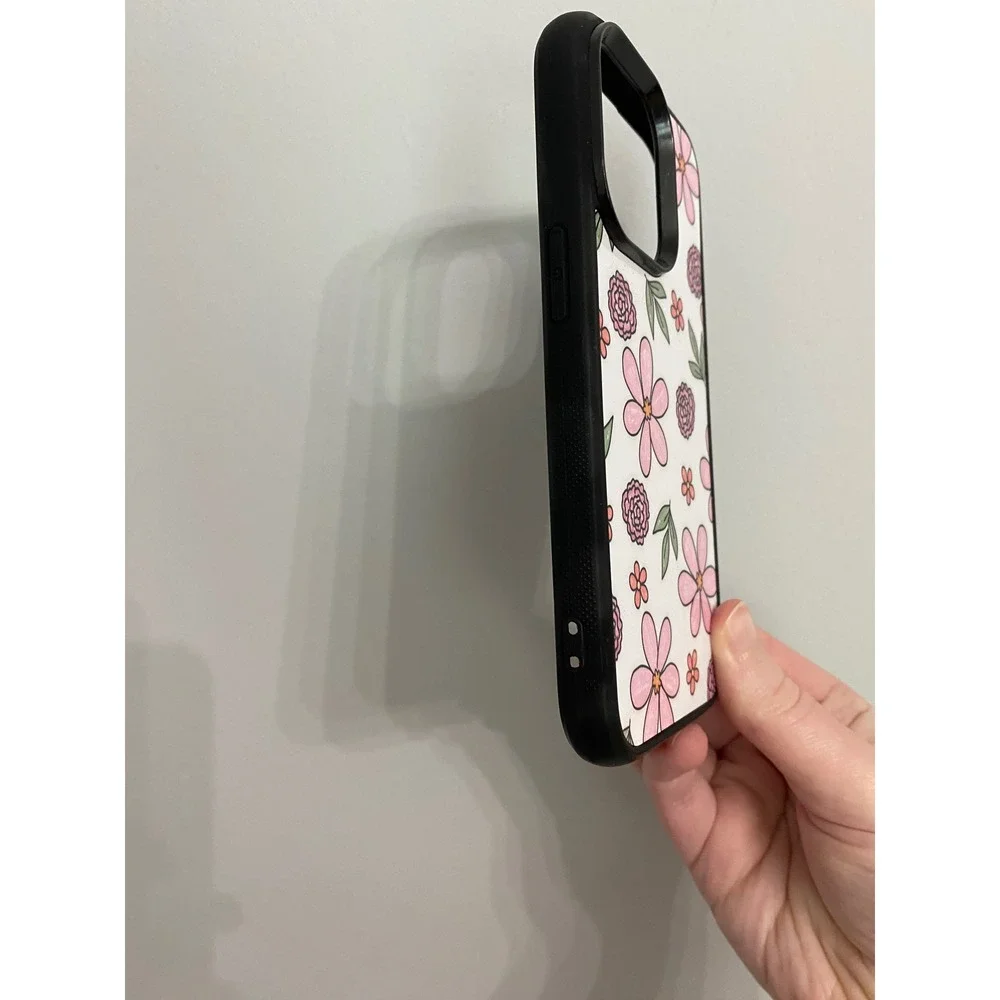 iPhone 14 Pro Case Unisex One Size Pink Floral Hand Drawn Pattern Bumper Cover